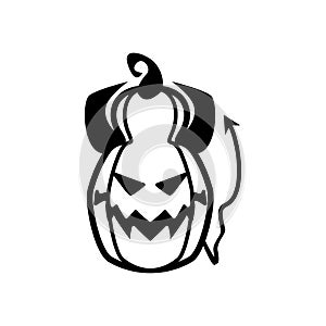 Halloween devil pumpkin with horns and tail line style icon