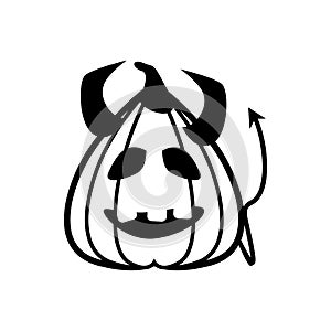 Halloween devil pumpkin with horns and tail line style icon