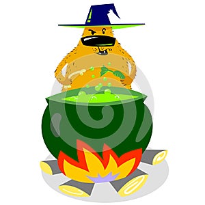 Halloween dog character in witch hat with boiling cauldron.