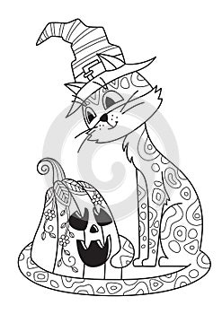 Halloween doodle coloring book page cat and pumpkin. Antistress zentangle for adults. Outline black and white