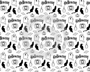 Halloween doodle pattern seamless vector black on white