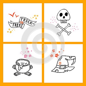 Halloween Doodle Posters with Hat, Caldron, skull and crossbones