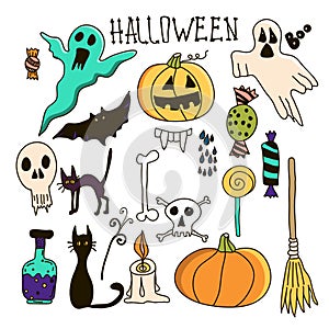 Halloween Doodle Set. Holiday Hand Drawn Vector Illustration with Pumpkins, Jack o Lantern, Skulls, Witch, Ghost, Bat, Candies,