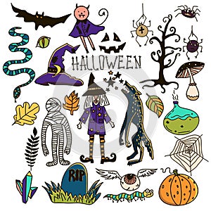 Halloween Doodle Set. Holiday Hand Drawn Vector Illustration with Pumpkins, Jack o Lantern, Skulls, Witch, Ghost, Bat, Candies,