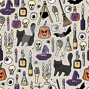 Halloween doodle style seamless pattern. Hand drawn cartoon background