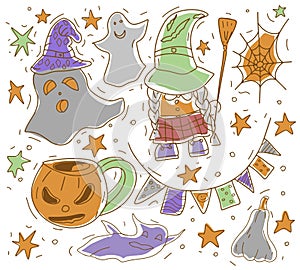 Halloween doodles hand drawn coloring antistress autumn holiday. paw sorceress gnome, ghost, holiday flags, broom, pumpkin