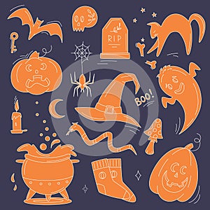 Halloween doodles. Hand drawn vector set of sketches: jack-o-lantern, witch hat, ghost, bat, black cat, scull, tombstone, cauldron