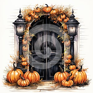 Halloween door entrance with pumpkins and Halloween decorations. Generative AI