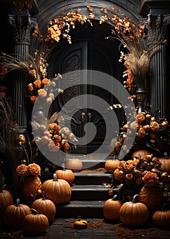 Halloween door entrance with pumpkins and Halloween decorations, Generative AI