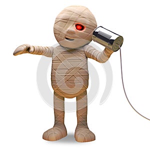 Halloween Egyptian mummy has the latest tin can phone on a string, 3d illustration