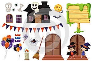 Halloween elements with haunted house and kids