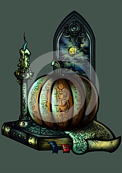 Halloween emblem with a pumpkin a candle a book and a window