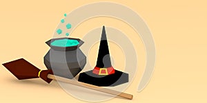Halloween entourage witch hat, broom and cauldron on light background 3D illustration