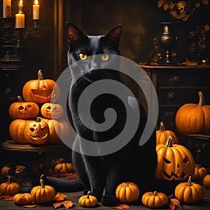 Halloween etude with black cat and pumpkins