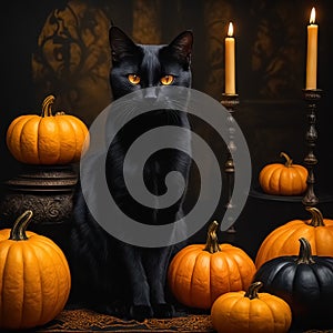 Halloween etude with black cat and pumpkins