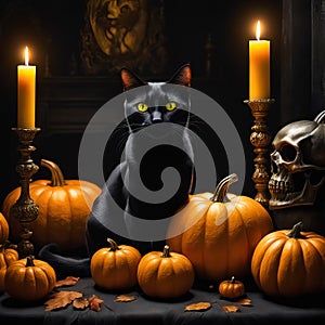 Halloween etude with black cat and pumpkins