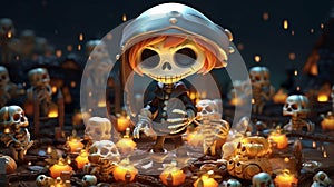 Halloween event backdrop  - a cartoon character in a garment surrounded by small skulls