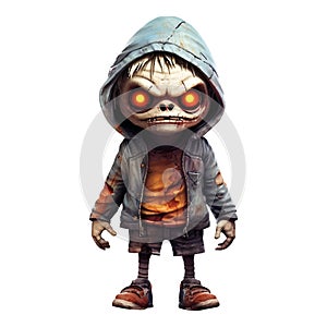 Halloween evil cartoon character with glowing eyes. A zombie monster in a hoodie and blood stains with a scary face