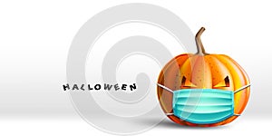 Halloween facial mask pumpkin wearing a medical face protection for disease control and virus infection and coronavirus or covid-