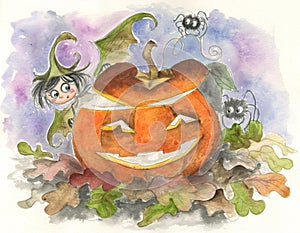 Halloween fairy elf and jack-o-lantern