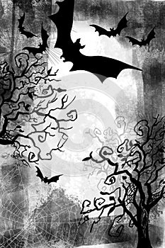 Halloween and fall scene of flying bats, creepy trees, and spooky spider webs grunge background and spooky tree