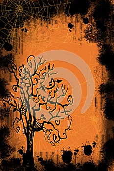 Halloween and fall scene of spooky spider webs grunge background and spooky tree