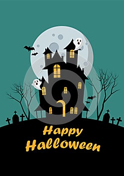 Halloween family and haunted house greeting card