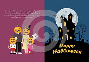 Halloween family and haunted house greeting card