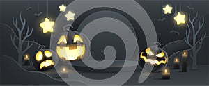 Halloween fantasy black theme product display podium on paper graphic background with group of 3D illustration Jack O lantern pump