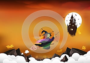 Halloween, fantasy and magic, witch riding a broom in night scene to sky ghost castle, party invites greeting card, mountains