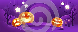 Halloween fantasy purple theme product display podium on paper graphic background with group of 3D illustration Jack O lantern