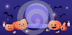 Halloween fantasy violet theme product display podium on paper cartoon background with Jack O lantern pumpkin, bats and