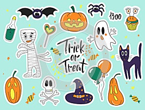 Halloween fashion cute cartoon doodle patch badges with ghosts, cat, spider, pumpkins and other elements.Set of stickers