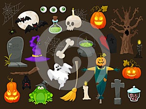 Halloween fashion flat icons on brounbackground. Halloween vector characters. Pumpkin,ghost and witch