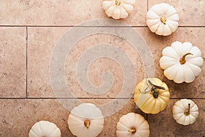 Halloween festive autumn background. Autumn decor from pumpkins, berries, maple leaves and chestnuts on old rustic stone tiles