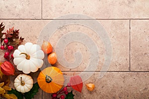 Halloween festive autumn background. Autumn decor from pumpkins, berries, maple leaves and chestnuts on old rustic stone tiles