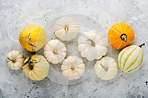 Halloween festive autumn background. Autumn decor from pumpkins, berries, maple leaves and chestnuts on old rustic stone tiles