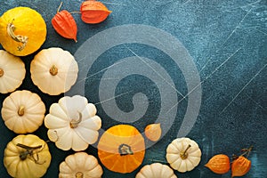 Halloween festive autumn background. Autumn decor from pumpkins, berries, maple leaves and chestnuts on old scratched blue