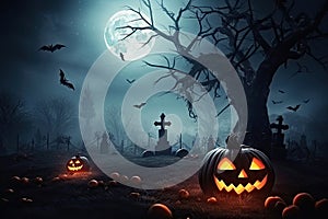 Halloween festive background for invitation card party with pumpkins Jack O lantern, spooky forest at night, bat, spiders and moon