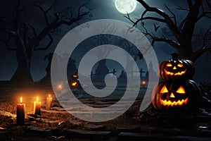 Halloween festive background for invitation card party with pumpkins Jack O lantern, spooky forest at night, bat, spiders and moon