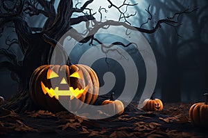 Halloween festive background for invitation card party with pumpkins Jack O lantern, spooky forest at night, bat, spiders and moon