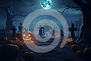 Halloween festive background for invitation card party with pumpkins Jack O lantern, spooky forest at night, bat, spiders and moon