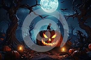 Halloween festive background for invitation card party with pumpkins Jack O lantern, spooky forest at night, bat, spiders and moon