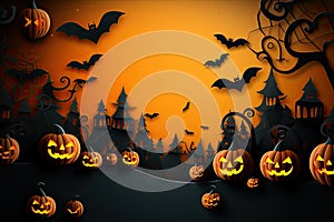 Halloween festive background for invitation card party with pumpkins Jack O lantern, spooky forest at night, bat, spiders and moon