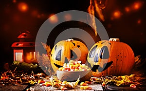 Halloween festive composition with sweet corn in bowl and smiling pumpkins guards, lantern, straw and fallen leaves on dark