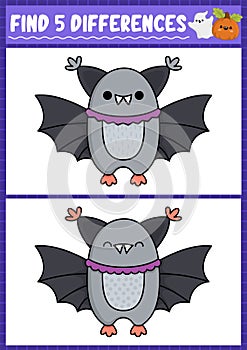 Halloween find differences game for children. Attention skills activity with cute bat. Puzzle for kids with funny character.