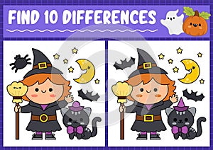 Halloween find differences game for children. Attention skills activity with cute witch, black cat, moon and broom. Puzzle for