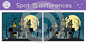 Halloween find differences game for children. Autumn educational activity with funny haunted house. Printable worksheet with