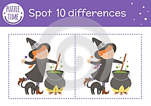 Halloween find differences game for children. Autumn educational activity with funny witch, cauldron and black cat. Printable