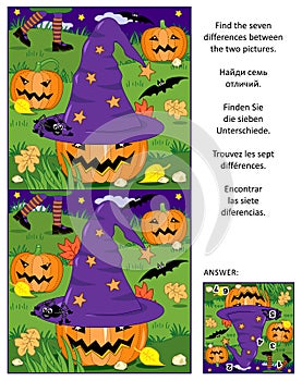 Halloween find the differences picture puzzle with witch hat, pumpkins, bats, etc.